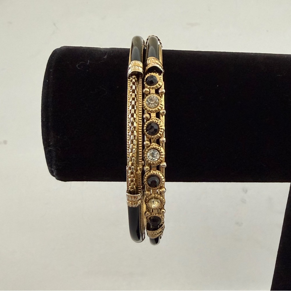 Gold Tone & Black Enamel Bangle Bracelets Set | Textured Stackable Bangles - Picture 2 of 5
